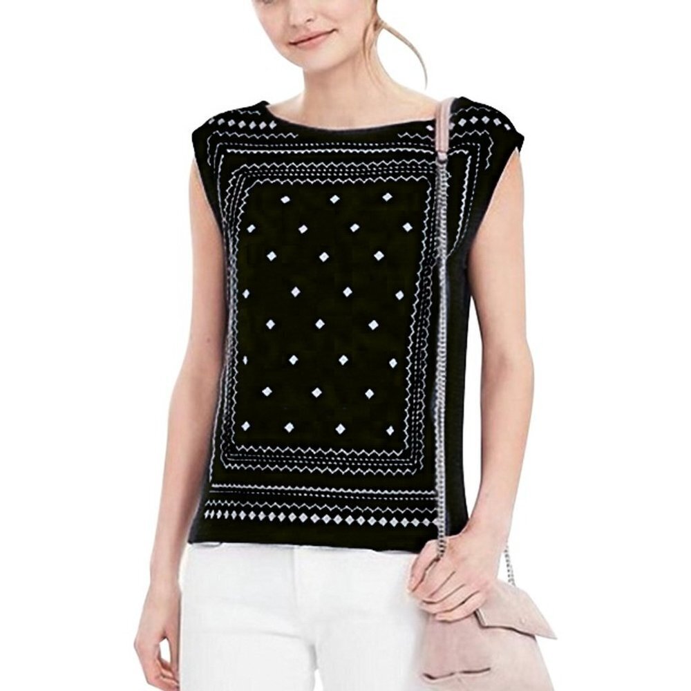 Banana Republic Women's Small SM S Shirt Black and white Sashiko Embroidered Top